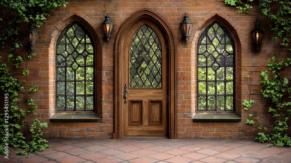 Obraz premium Ornate Wooden Door in Gothic Brick Building