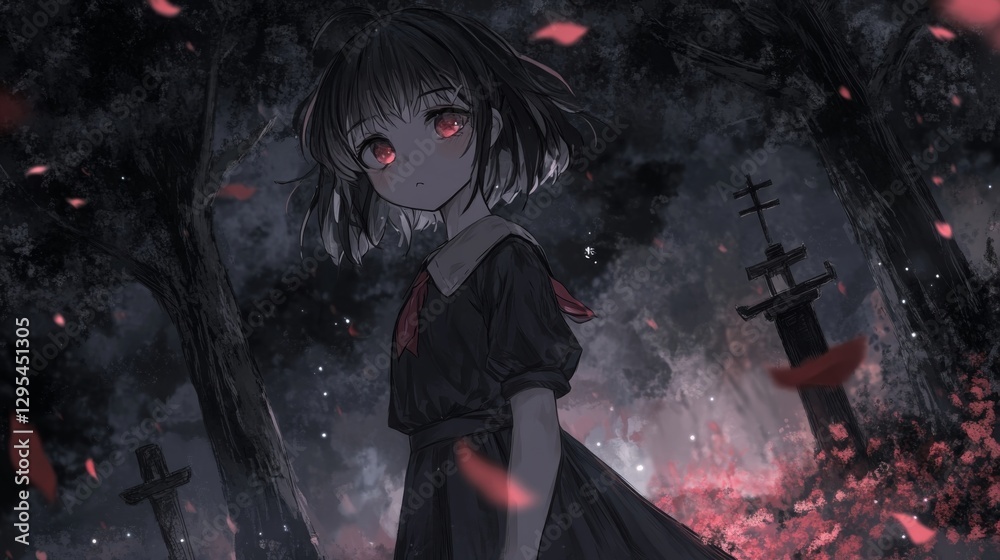 Melancholy Anime Girl in Dark Forest Melancholy Anime Girl in Dark Forest