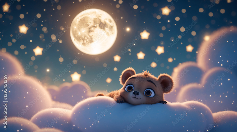 Magical Baby Bear Napping on Fluffy Cloud Surrounded by Stars and Crescent Moon in Tranquil Dreamy Sky Kids and Children Book Cover Design Idea Inspiration Magical Baby Bear Napping on Fluffy Cloud Surrounded by Stars and Crescent Moon in Tranquil Dreamy Sky Kids and Children Book Cover Design Idea Inspiration