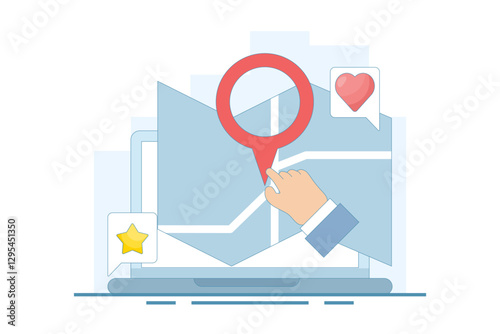 Map application concept, View map on laptop, Map software for exact location, Search engine map, Search location on map. GPS navigation, route movement and location search. Flat vector illustration.