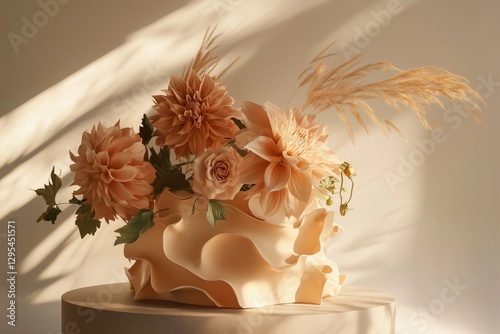 Elegant cream cake with a flowing sculptural design, decorated with large fresh flowers. The asymmetrical composition and dramatic shadows. Perfect for wedding editorials, luxury event branding