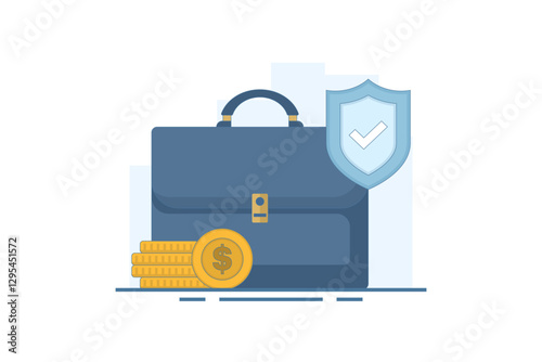 Safe Business Investment Concept. Briefcase with Shield and Coins. Income protection with shield. safe financial transactions. Flat Vector Illustration Design on background.