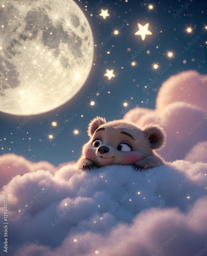 Fototapeta premium Magical Baby Bear Resting on Fluffy Cloud with Stars and Crescent Moon in a Tranquil Night Sky Landscape Kids and Children Book Cover Design Idea Inspiration