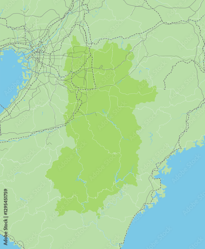 Fototapeta premium 日本の奈良県と隣接する都道府県を含む、シンプルな緑色のロードマップ