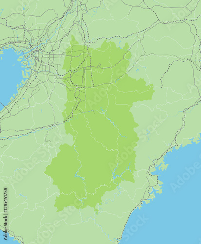 日本の奈良県と隣接する都道府県を含む、シンプルな緑色のロードマップ