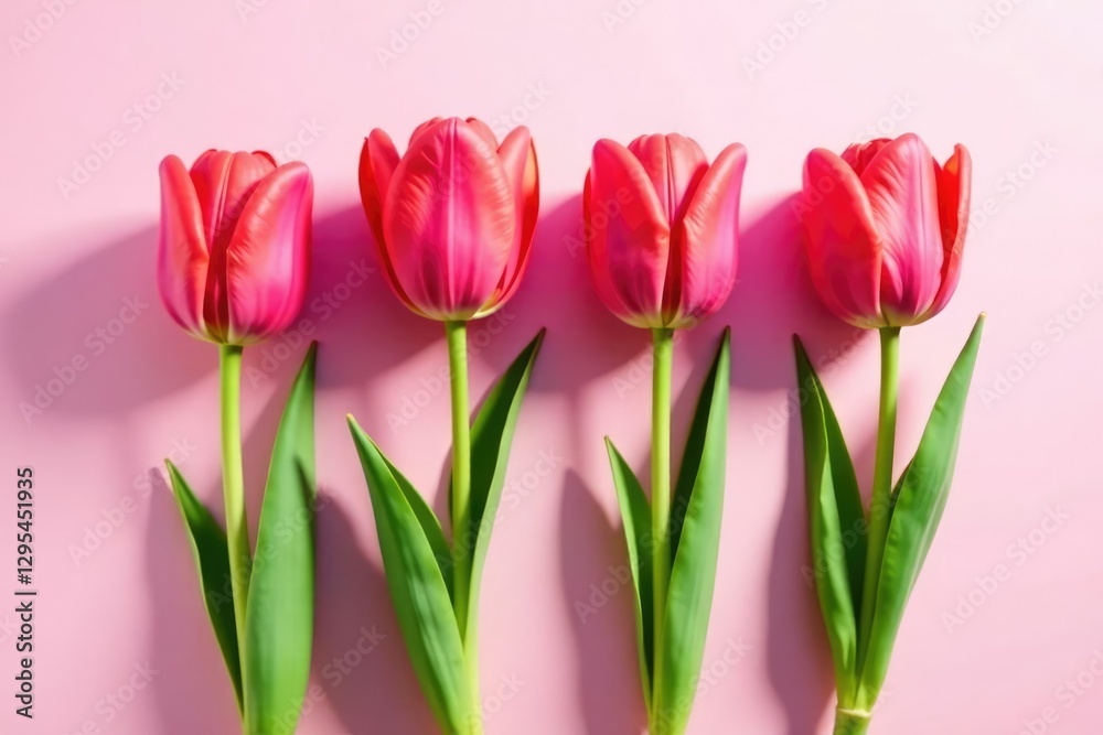 Four tulip stems in a delicate pink surface with shadows, greenery, pink Four tulip stems in a delicate pink surface with shadows, greenery, pink