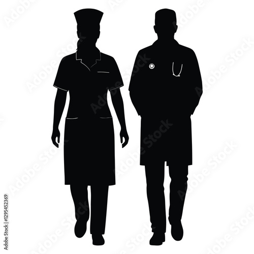 Male and Female Medical Team Silhouette with white background