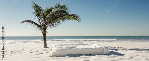 Beach Blankets on White Sand with Palm Tree