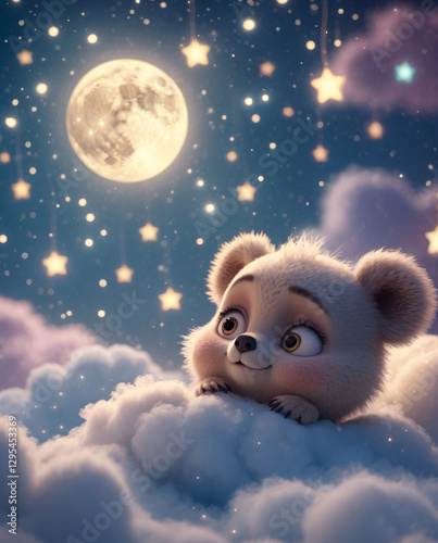 Sweet Baby Bear Dozing on Soft Cloud in a Peaceful Twilight Sky with Crescent Moon and Shimmering Stars Above Kids and Children Book Cover Design Idea Inspiration