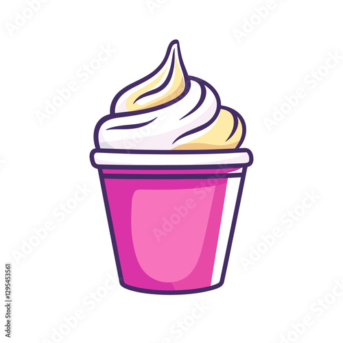 Cute vector illustration of a swirled soft serve ice cream in a vibrant pink cup, featuring a creamy white and yellow topping.