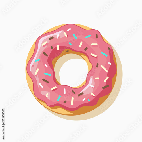 Colorful cartoon donut with pink frosting and sprinkles, vector illustration of a sweet treat on a light background.