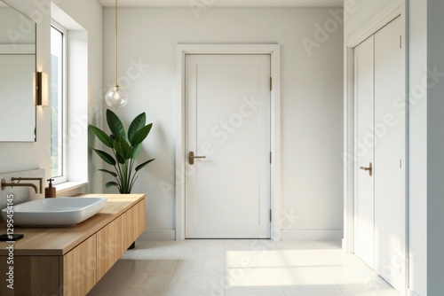 Cozy bathroom with white wall backdrop and closed closet door, relaxing, internal, cozy