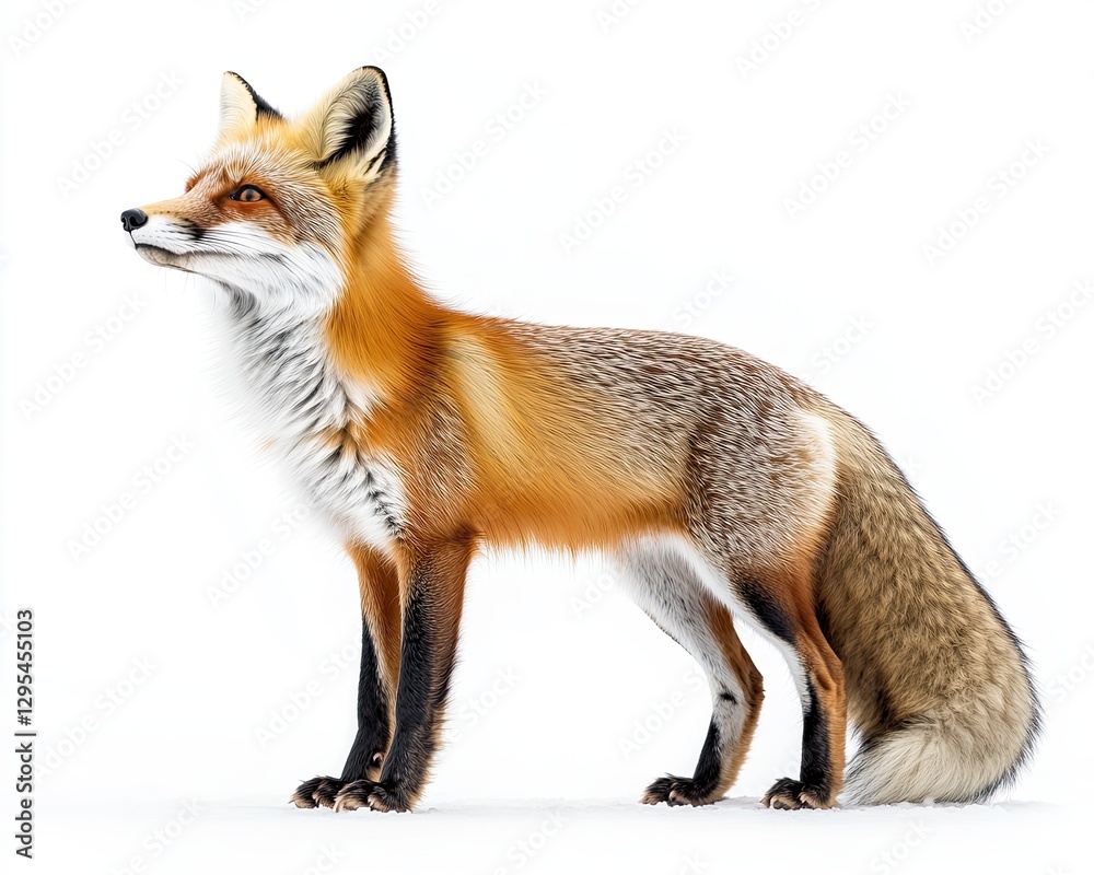 A stunning red fox standing elegantly in profile, showcasing its beautiful fur and keen expression.