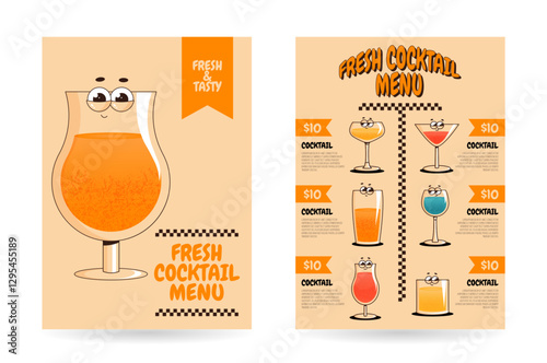 Retro groovy character summer cocktails. Fresh menu with cute fruit beverage in glasses. Vector illustration for bar, pub, cafe, club, restaurant