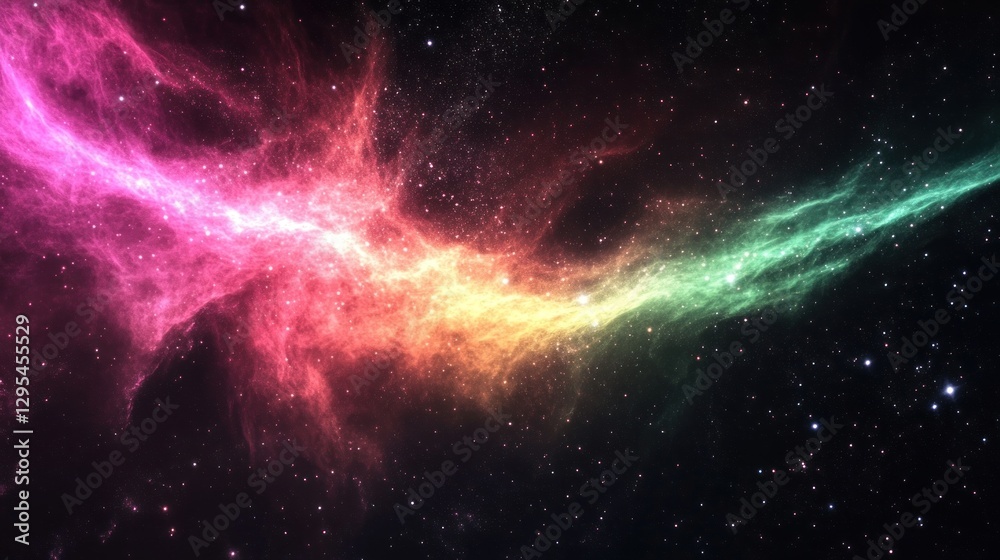 Obraz premium A vibrant cosmic nebula stretches through a field of bright stars