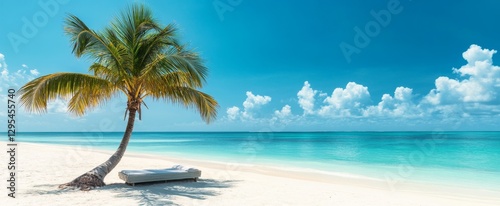 Tropical Beach Paradise with Palm and Lounger