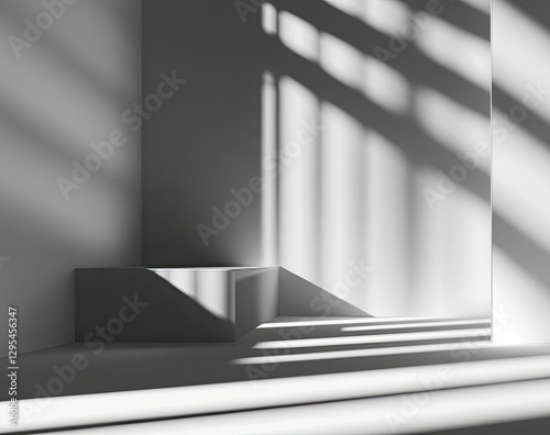 Minimalist gray podium, sunlit shadows, empty room, product presentation photo