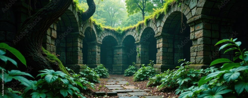 Obraz premium Dark forest with twisted exotic leaf vines covering ancient stone walls, vines, exotic leaves, ancient walls