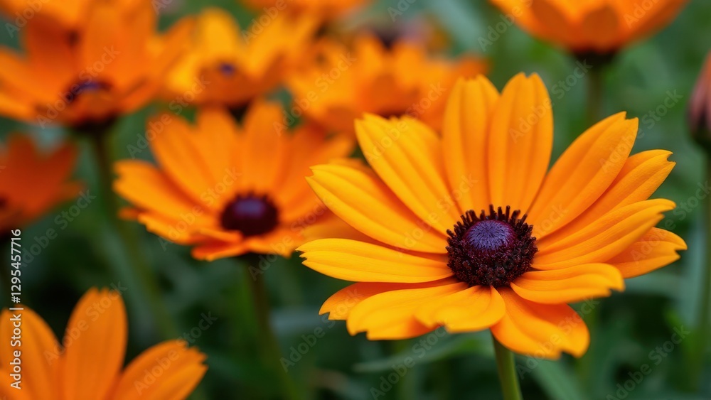 Close-up of vibrant flowers with orange petals and dark centers in a garden setting. Close-up of vibrant flowers with orange petals and dark centers in a garden setting.