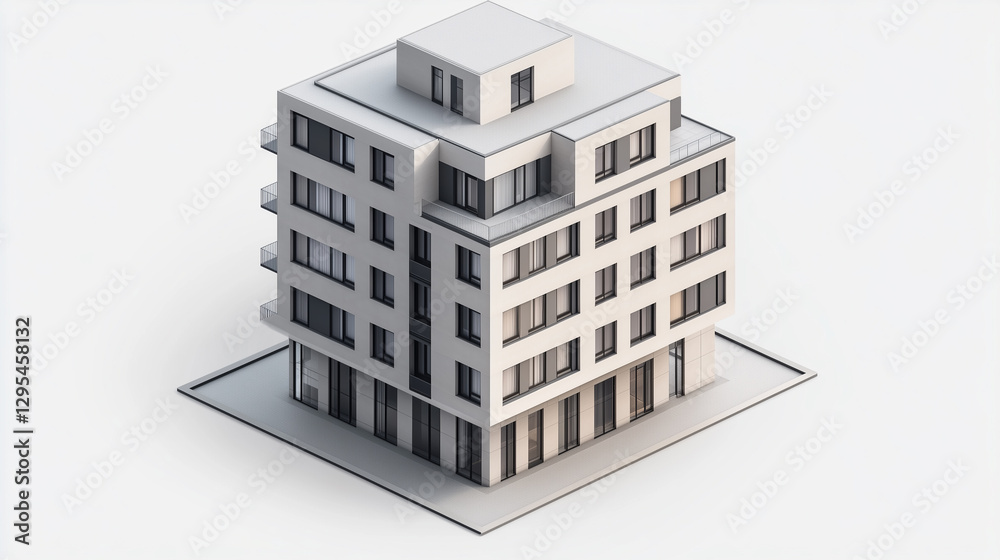 A realistic isometric 3D render of a multi-story apartment building, featuring a light gray facade, evenly spaced windows, and minimalist modern architecture
