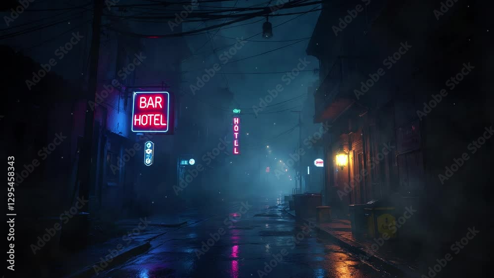 Dimly lit urban street at night with neon signs for a bar and hotel, shrouded in misty atmosphere