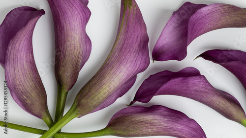 Closeup view of flatlay purple Calla lilies flowers on white backgraun. Floral banner
