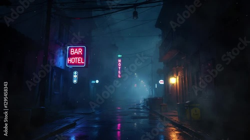 Dimly lit urban street at night with neon signs for a bar and hotel, shrouded in misty atmosphere