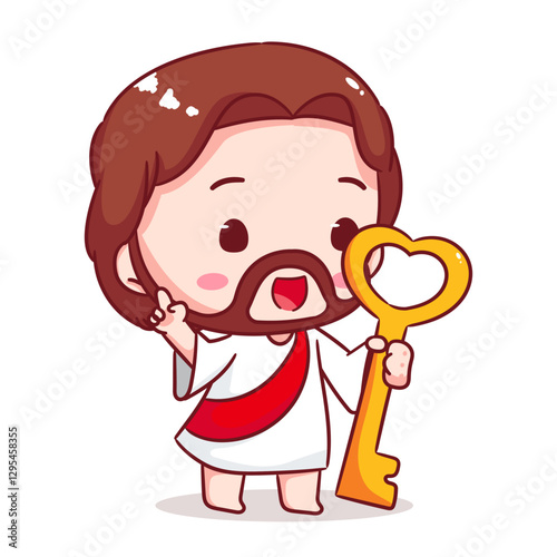 Cute Jesus chibi holding golden key cartoon character. Christian Catholic concept design. Vector icon mascot illustration.
