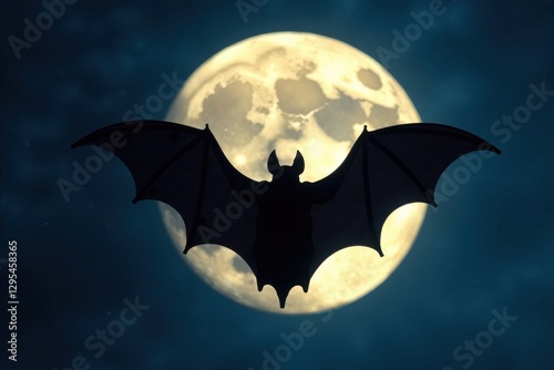 Dark silhouette of a bat against moonlight background, night sky, shadows, silhouette photo