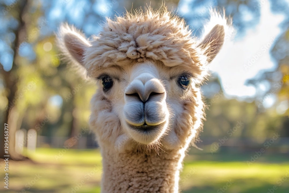 Obraz premium Fluffy alpaca looking at camera in a sunny field