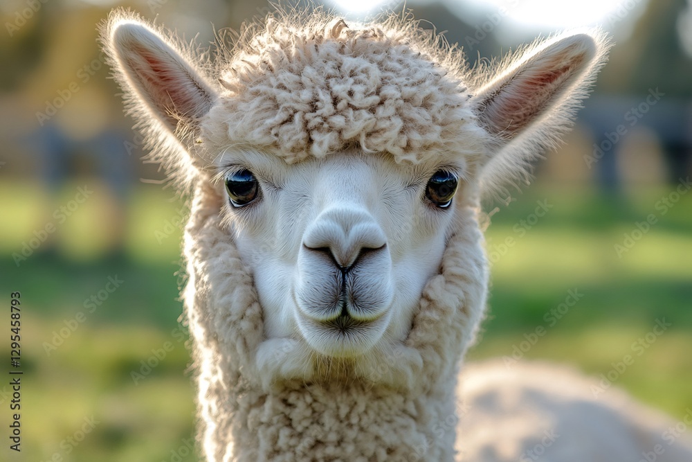 Obraz premium Fluffy alpaca looking at viewer in a green field