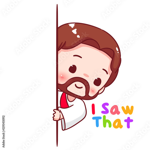 Cute Jesus chibi I saw that cartoon character. Christian Catholic concept design. Vector icon mascot illustration.