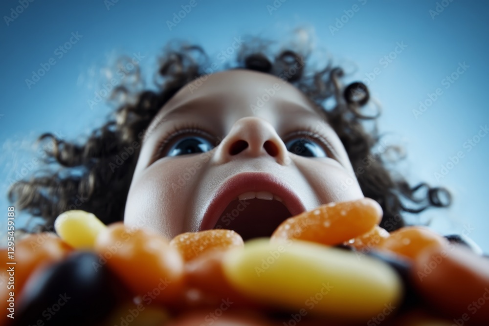 Naklejka premium Child with curly hair excitedly holds a pile of colorful candies against a blue background
