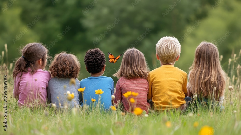Children Watching Butterfly in a Meadow Surrounded by Flowers Children Watching Butterfly in a Meadow Surrounded by Flowers