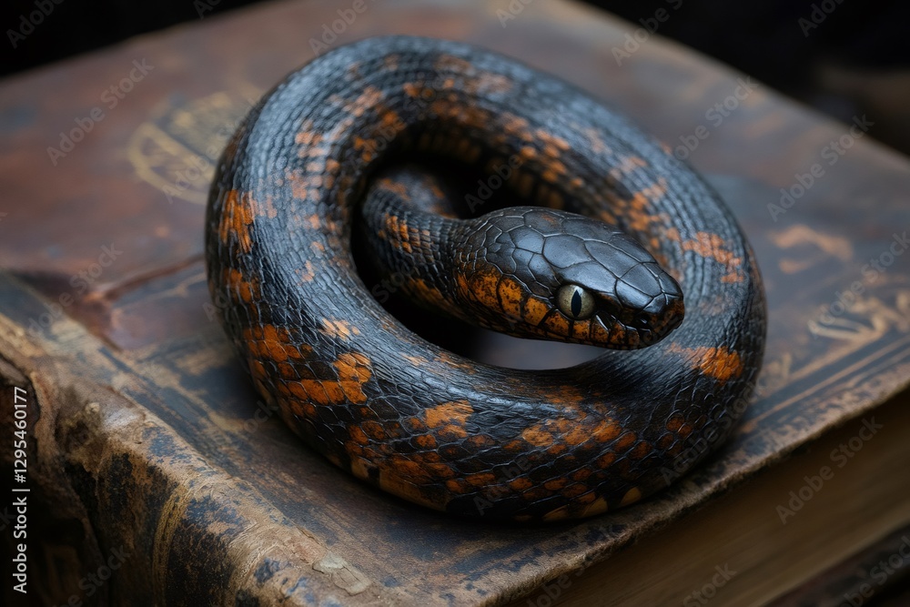 Fototapeta premium Mangrove snake resting on ancient book, displaying vibrant scales