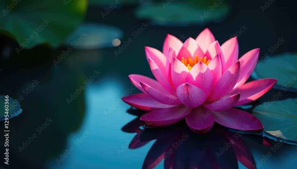 Pink lotus flower on dark blue background with reflected sunlight, reflection, waterscape Pink lotus flower on dark blue background with reflected sunlight, reflection, waterscape