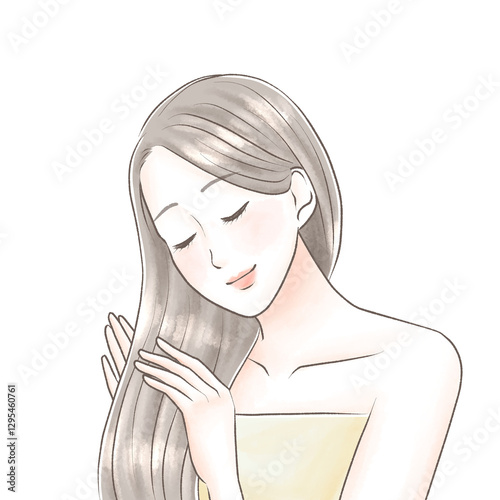 長くてきれいなストレートの黒髪をヘアケアする女性　水彩風