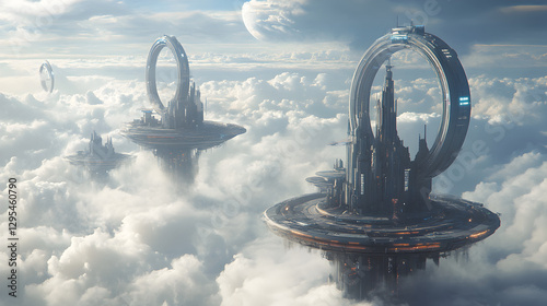 floating city with massive rings and hovering platforms emerging from the clouds 