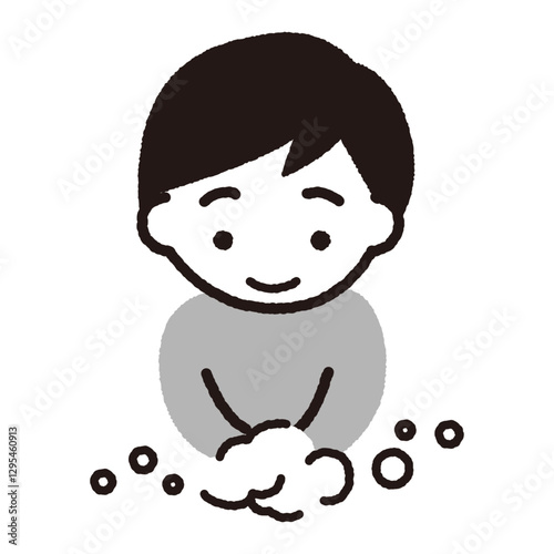 手を洗う子供のベクターイラスト_男の子_グレー