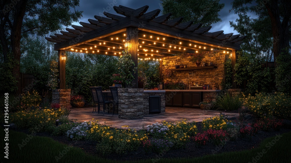 Fototapeta premium Outdoor Kitchen Gazebo at Dusk