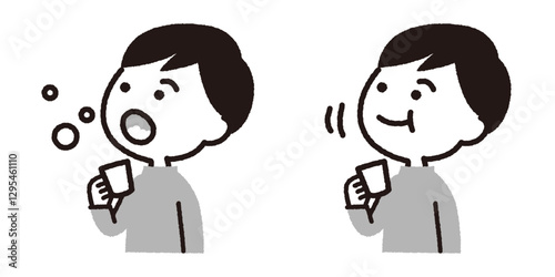 うがいをする子供のベクターイラスト_男の子_グレー