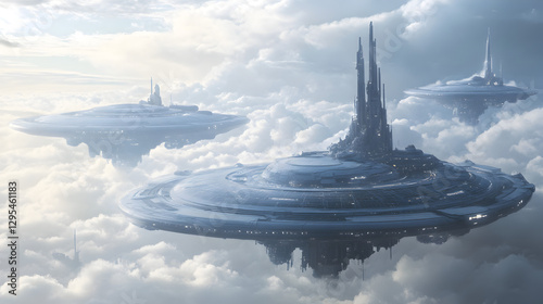 floating city with massive rings and hovering platforms emerging from the clouds 