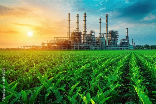 Global economic interdependence. Industrial landscape at sunset with a field of green crops in the foreground.