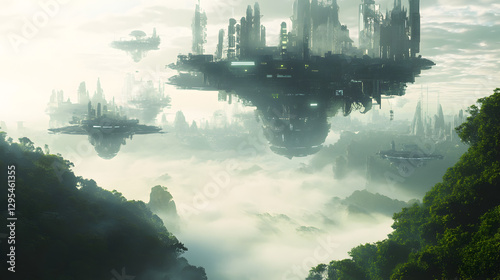 floating city with massive rings and hovering platforms emerging from the clouds 