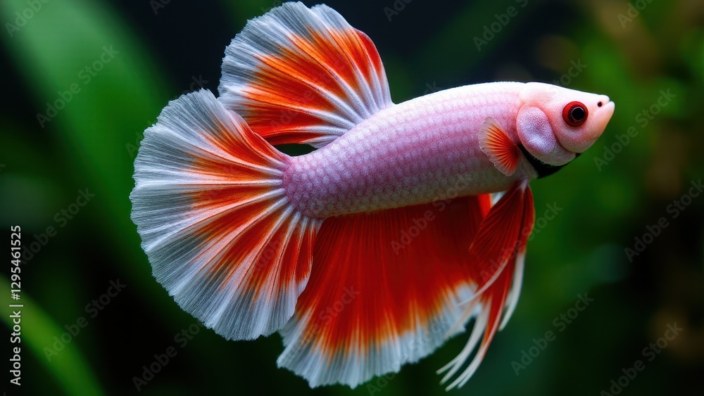 A vibrant halfmoon betta fish with red and white fins swims gracefully. A vibrant halfmoon betta fish with red and white fins swims gracefully.