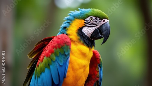 A vibrant harlequin macaw with colorful feathers, including red, blue, green, and yellow, perched against a blurred green background.