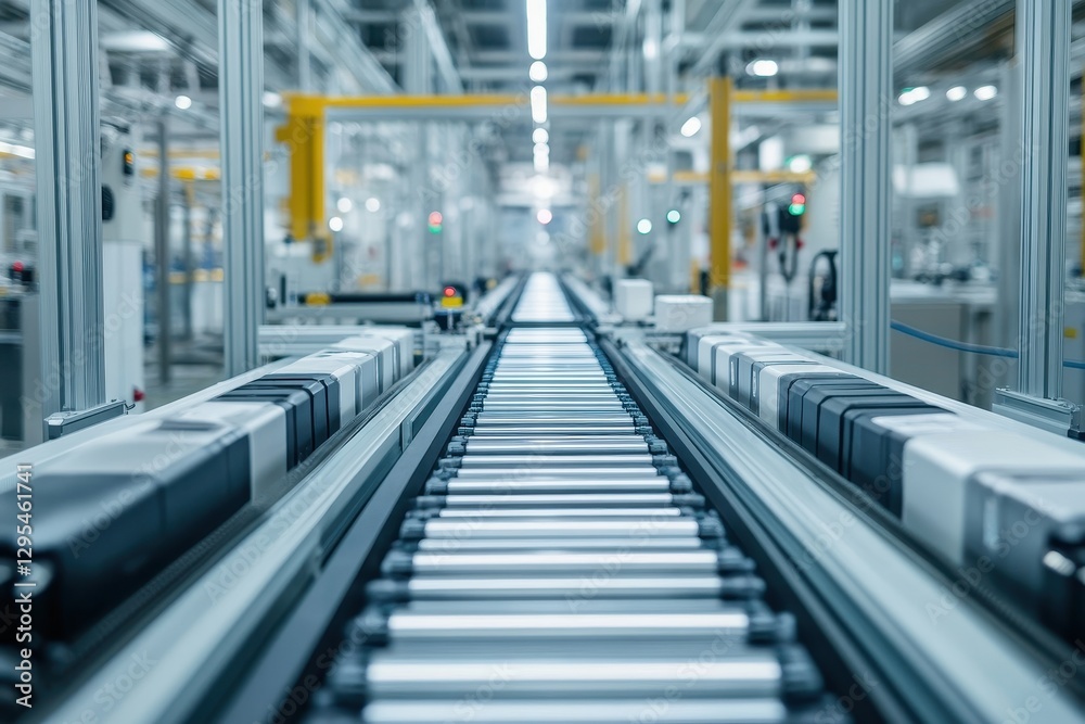 Modern factory assembly line with products on a conveyor belt. Illustrates efficient manufacturing and industrial production processes.