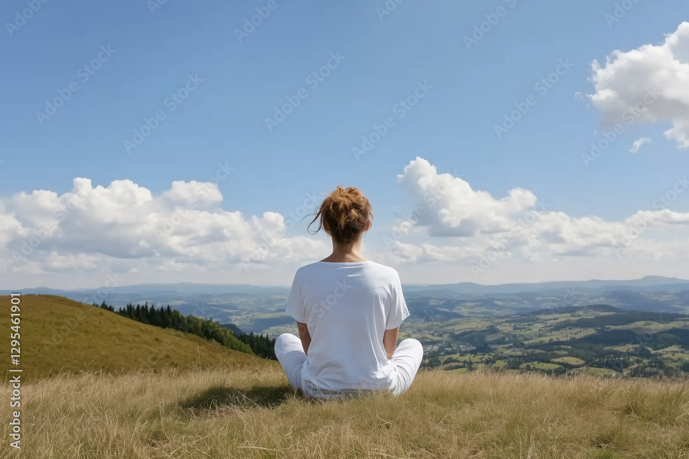 person sitting on grassy hilltop, enjoying serene landscape with rolling hills and blue sky filled with clouds. scene evokes sense of peace and tranquility person sitting on grassy hilltop, enjoying serene landscape with rolling hills and blue sky filled with clouds. scene evokes sense of peace and tranquility