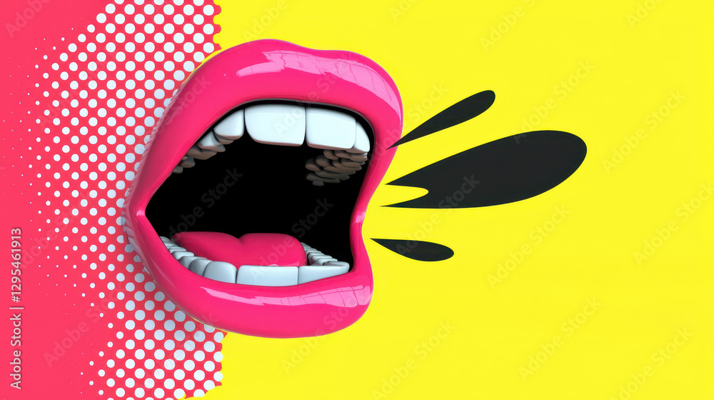 Obraz premium Bold pink mouth graphic on yellow background with playful design elements