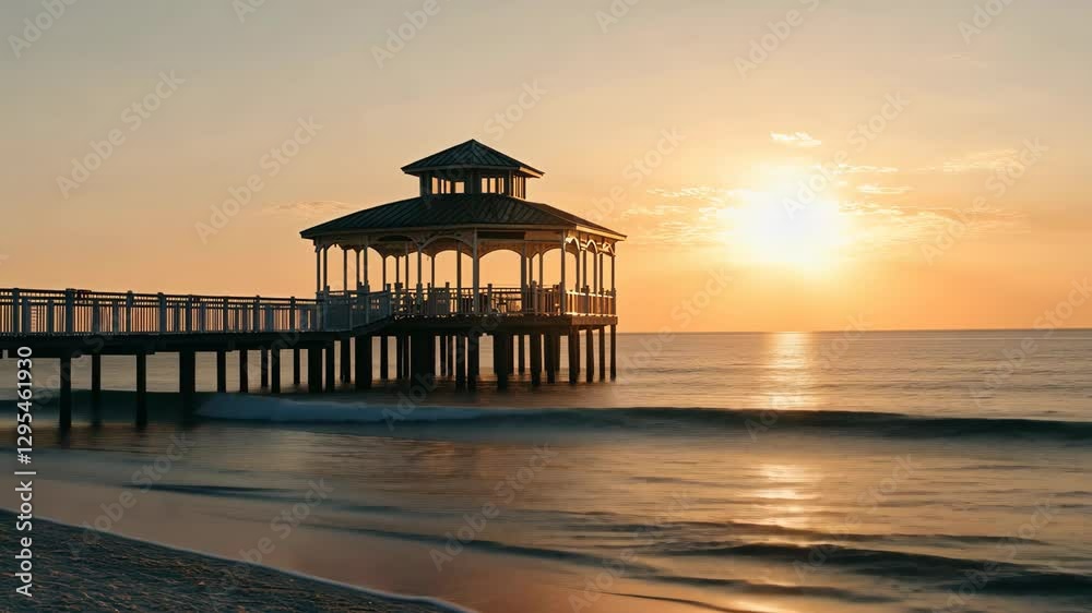 Beautiful sunset over quiet beach pier with calm waves and vibrant sky colors Beautiful sunset over quiet beach pier with calm waves and vibrant sky colors